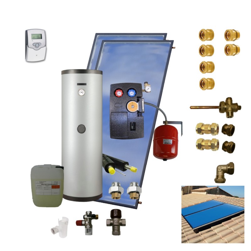 Kit chauffe-eau solaire 300 litres avec 2 panneaux solaire Français Kit chauffe-eau solaire 300 litres avec 2 panneaux solaire Français