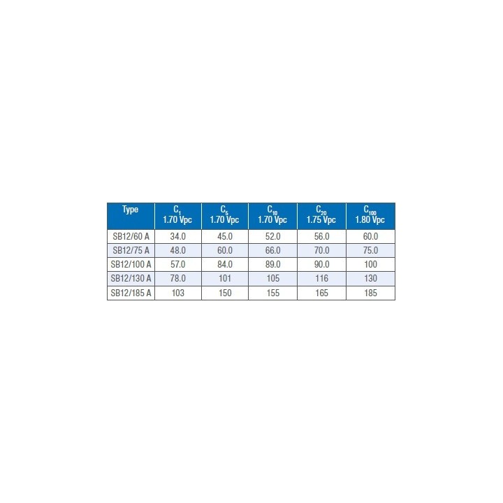 Batterie Sonnenschein Solar Bloc 12 Volts - capacités en Ah (C1 à C100 à 20°C)